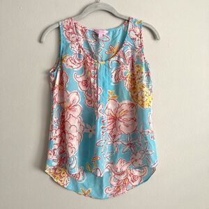 Lilly Pulitzer Womens Silk Dahlia Tank Top Breakwater Blue Size Medium Floral